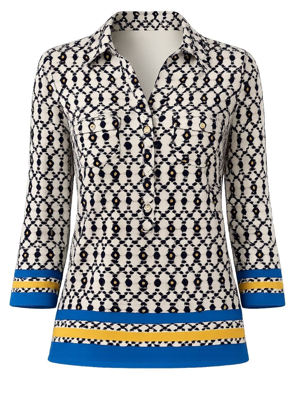 J. McLaughlin M Geometric Print Stretch Button Front Blouse Blue Trim